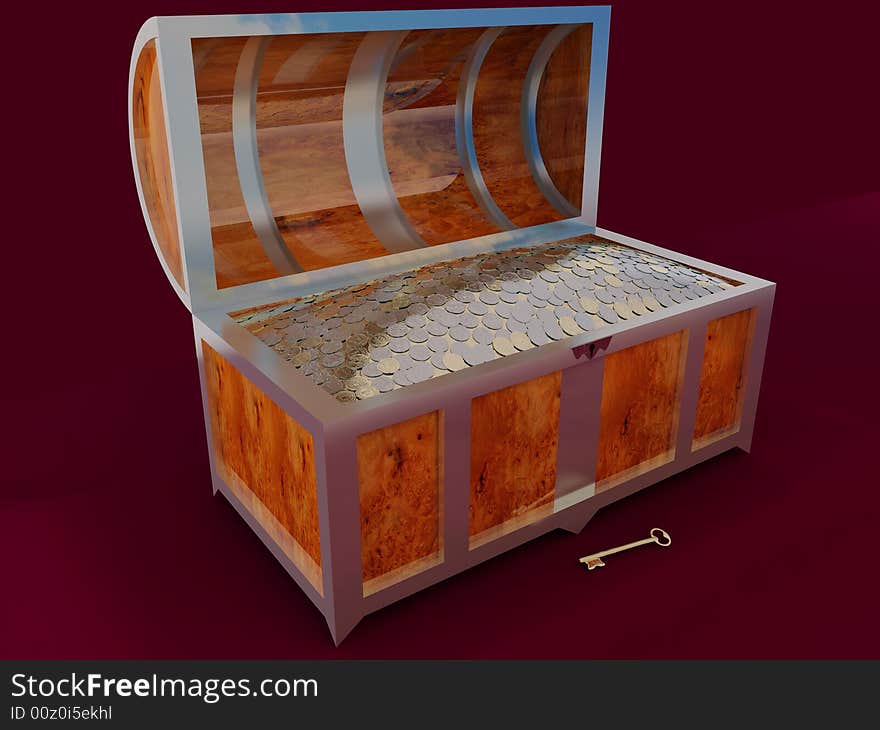 Chest filled by precious coins, 3D render. Chest filled by precious coins, 3D render