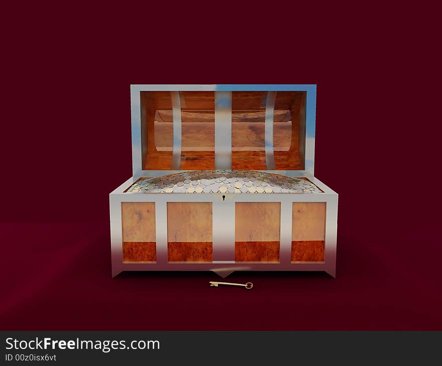 Chest filled by precious coins, 3D render. Chest filled by precious coins, 3D render