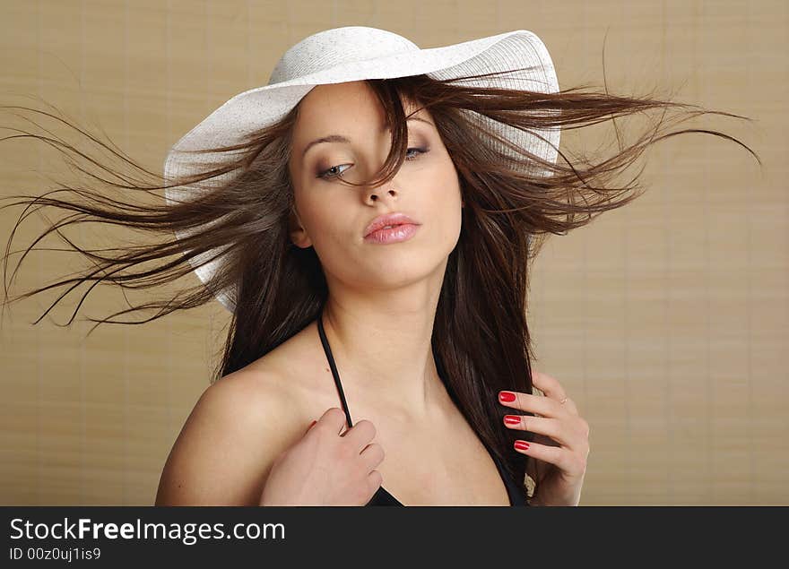 Glamour portrait of summer lady, bamboo background. Glamour portrait of summer lady, bamboo background