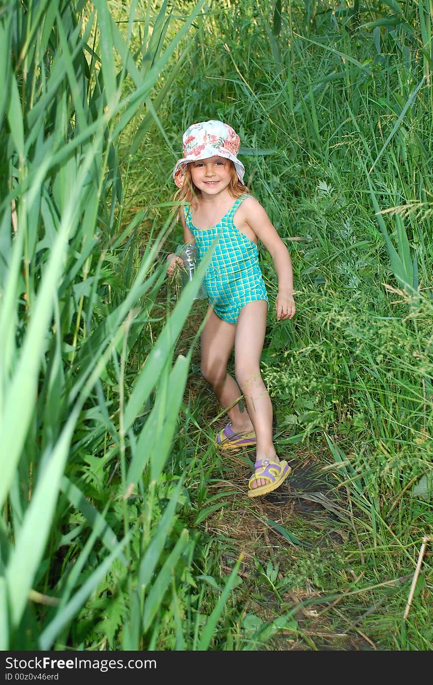 Merry little girl having fun in very high grass. Merry little girl having fun in very high grass