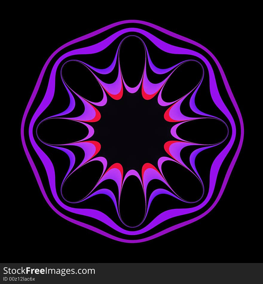 An abstract mandala shaped fractal done in shades of orange, blue, and purple floating on a black background. An abstract mandala shaped fractal done in shades of orange, blue, and purple floating on a black background.