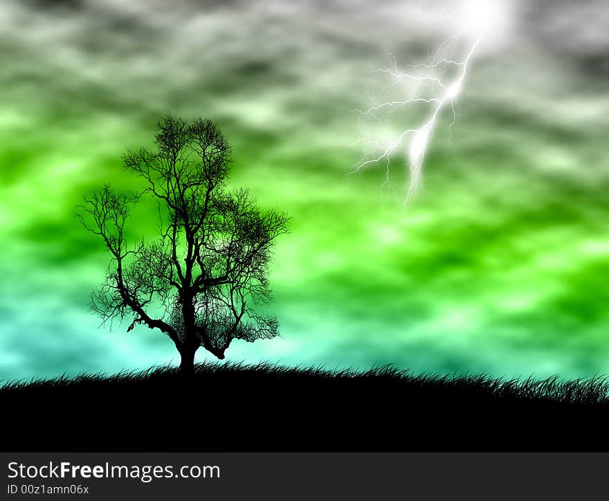 Tree silhouette on the field against a stormy sky. Tree silhouette on the field against a stormy sky