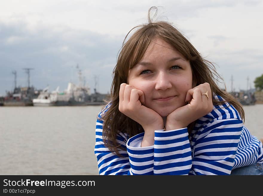 Beauty girl in striped vest