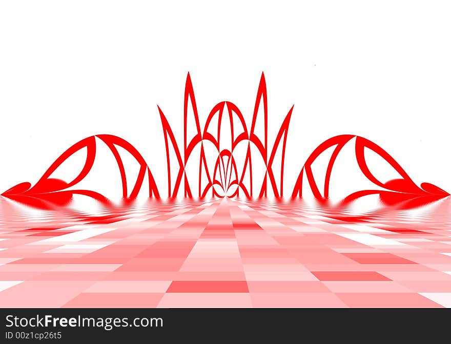 Abstract illustration,  red ornament from the colors and the tapes floating up from the flat surface, clean white background. Abstract illustration,  red ornament from the colors and the tapes floating up from the flat surface, clean white background.