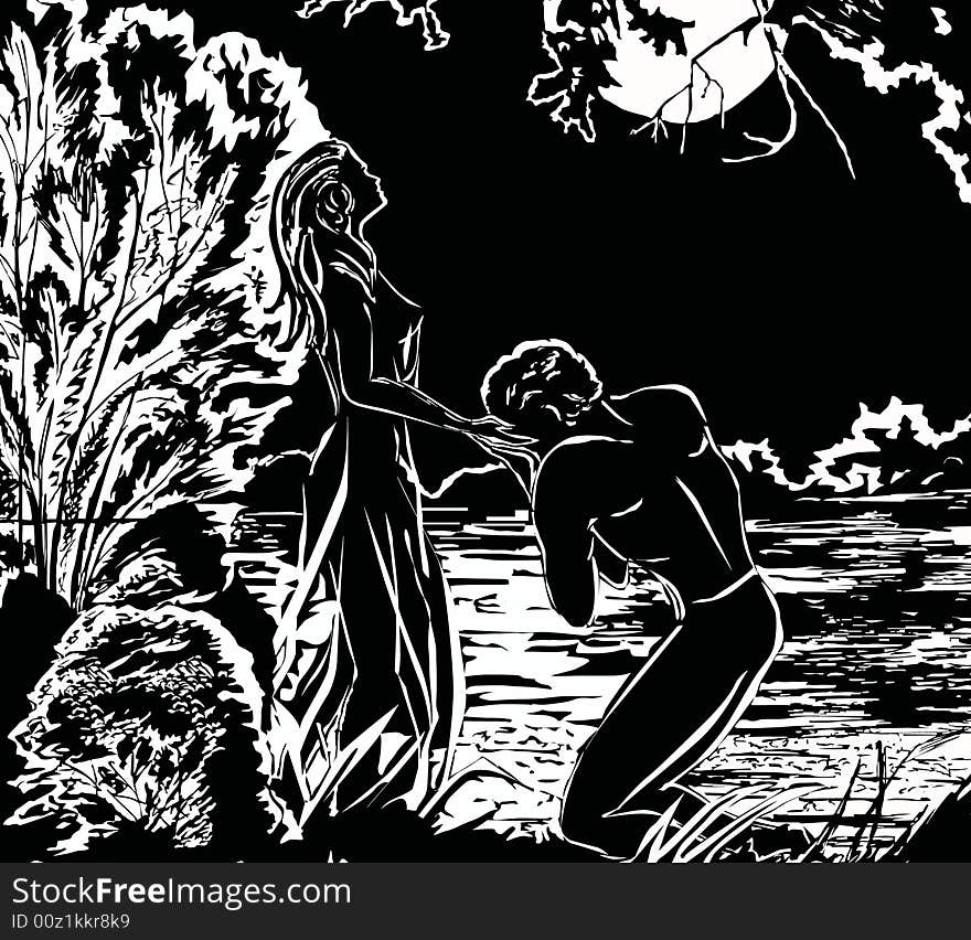 Illustration with man and woman near river. Illustration with man and woman near river