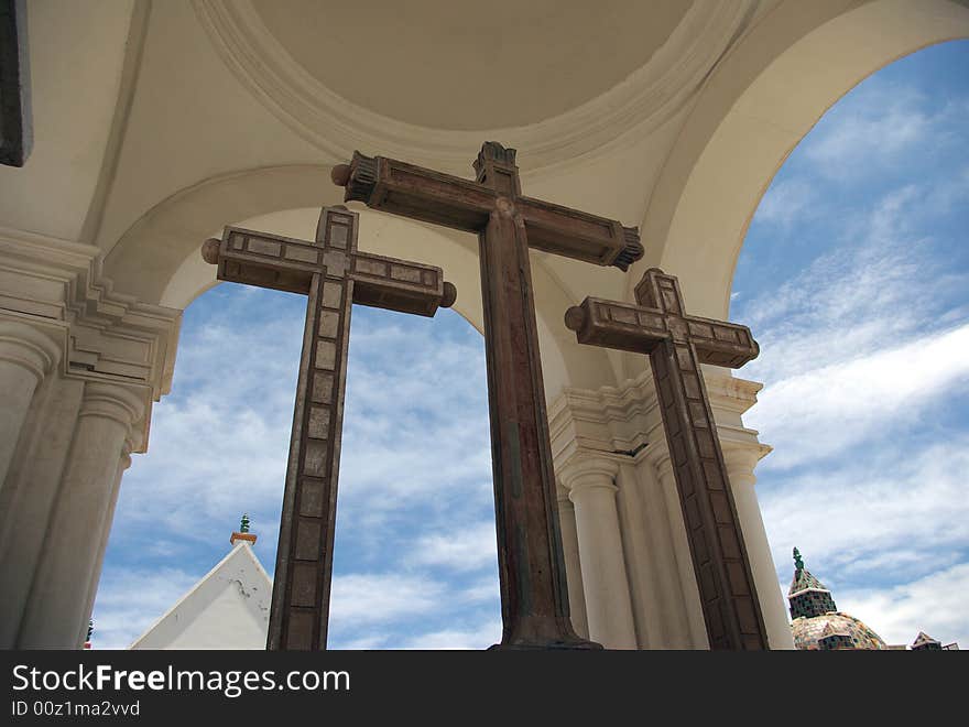 Crosses of the Moorish Cathedral in Copacabana, near the Titicaca Lake - Bolivia, South America. Crosses of the Moorish Cathedral in Copacabana, near the Titicaca Lake - Bolivia, South America.