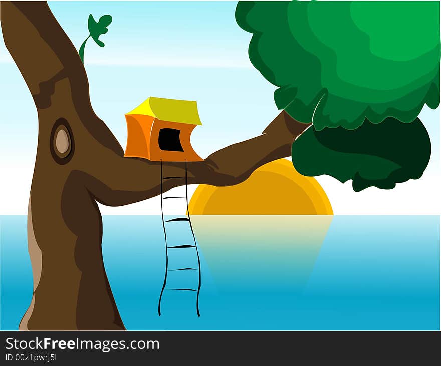 House on stem of tree near sea with natural 
background. House on stem of tree near sea with natural 
background