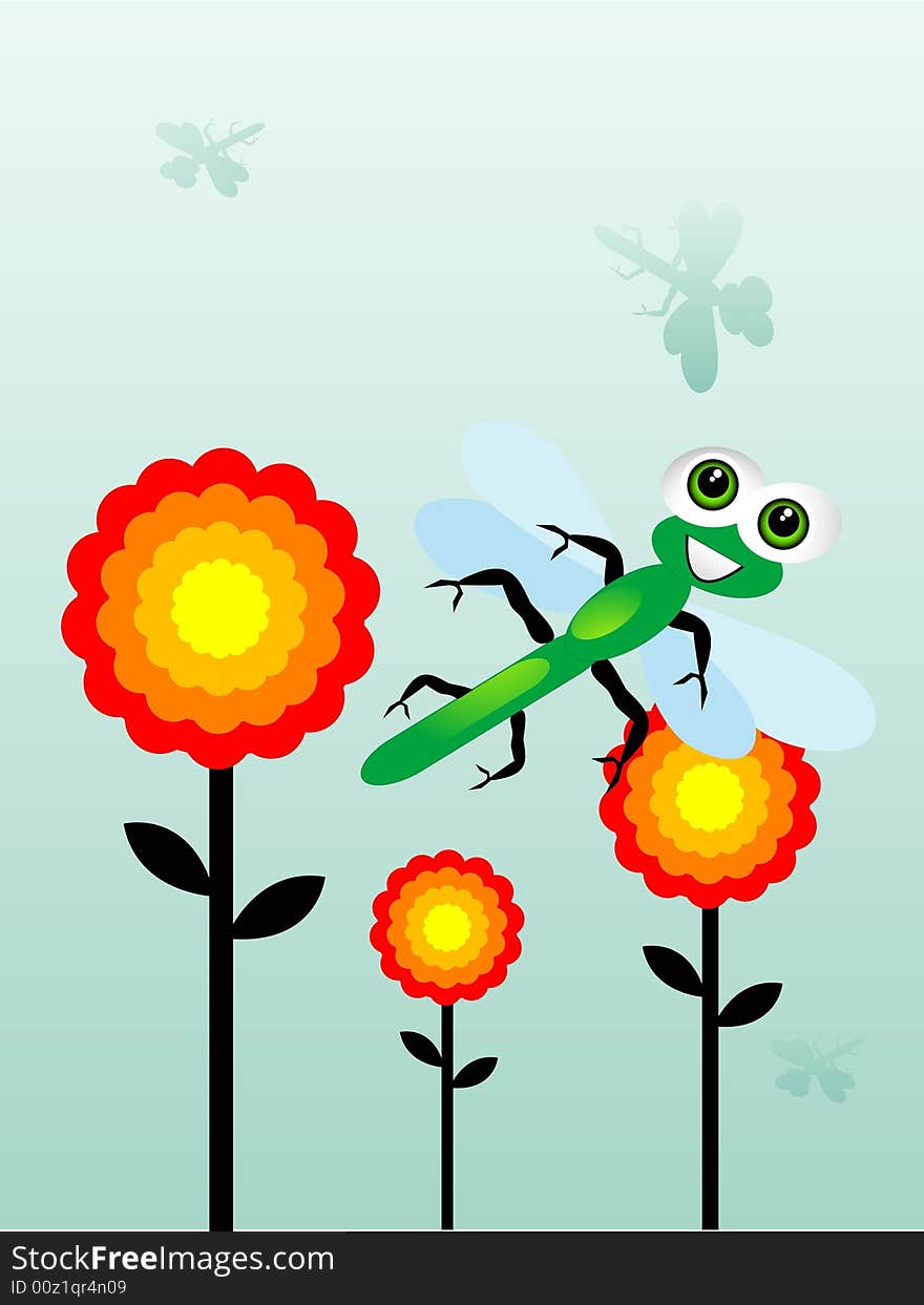 Dragonfly near flowers on gradient background