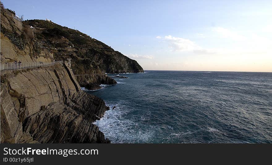 The railway and the village of Manarola.Cinqueterre