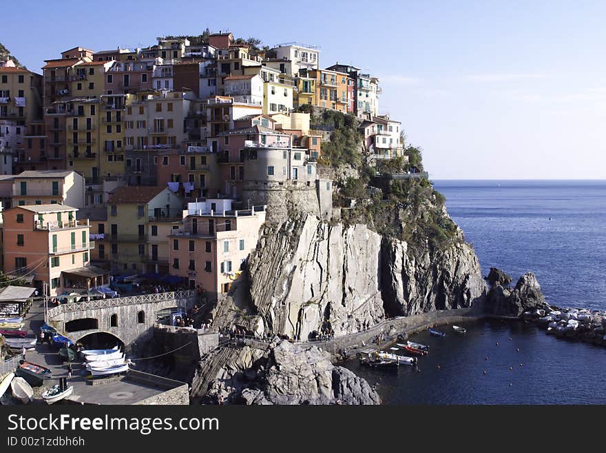 The railway and the village of Manarola.Cinqueterre