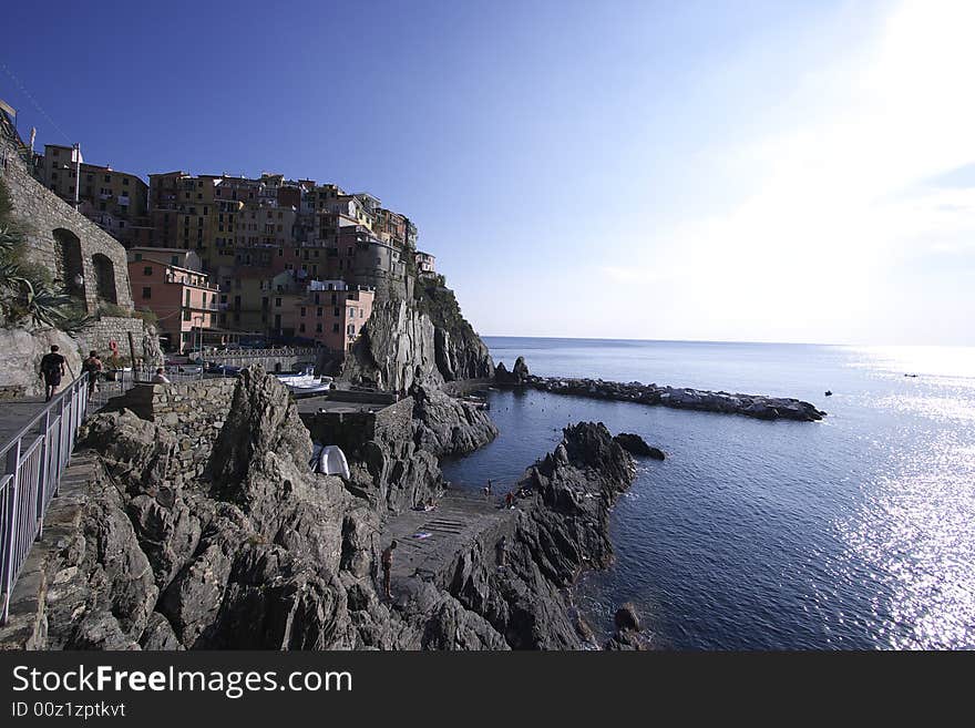 The railway and the village of Manarola.Cinqueterre