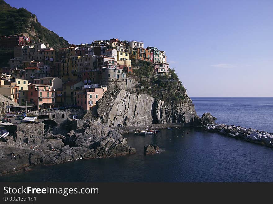 The railway and the village of Manarola.Cinqueterre