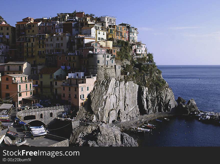 The railway and the village of Manarola.Cinqueterre