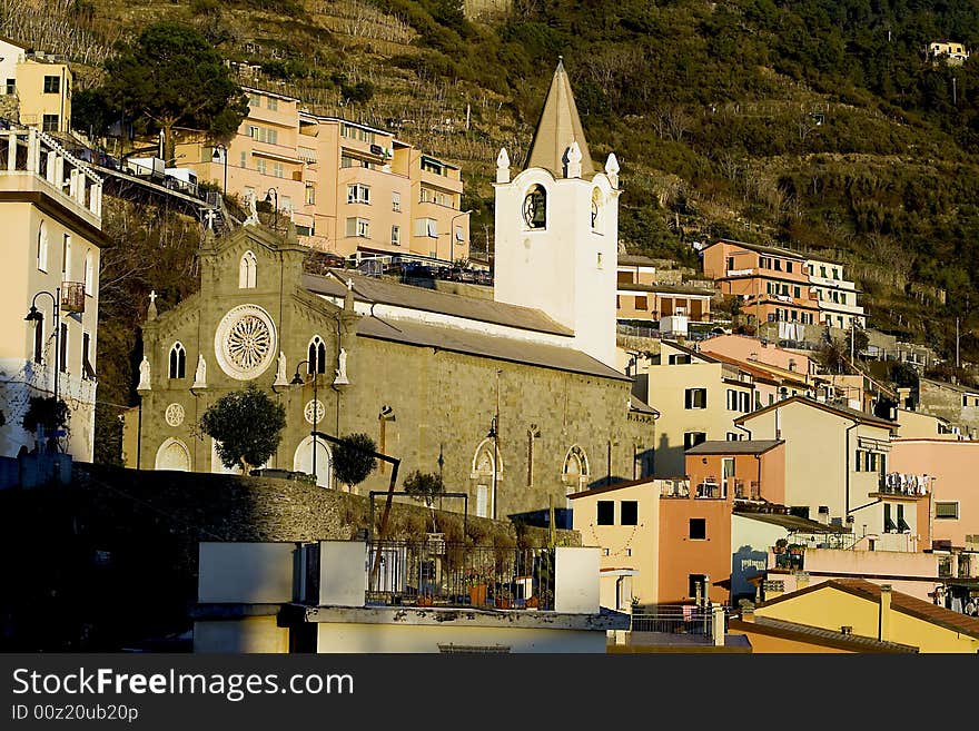 The railway and the village of Riomaggiore.Cinqueterre