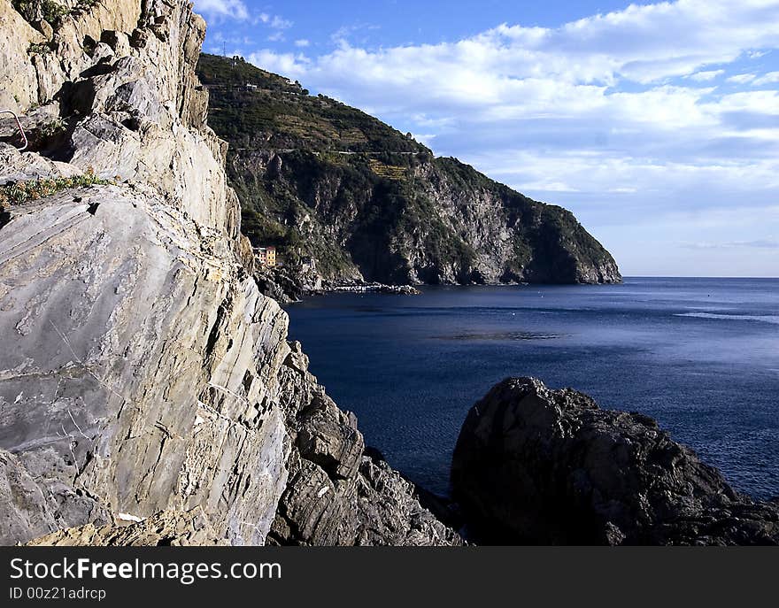 The railway and the village of Manarola.Cinqueterre