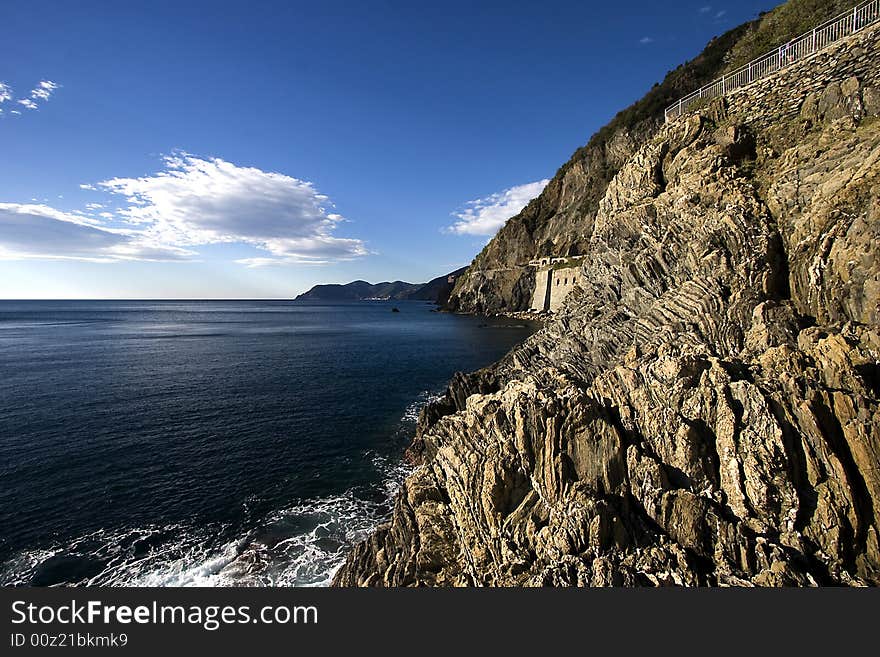 The railway and the village of Manarola.Cinqueterre