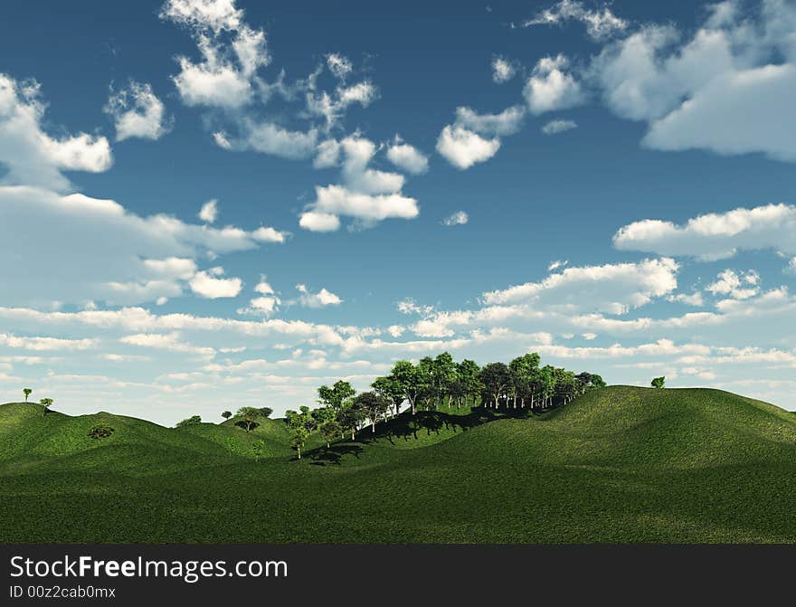 Green hills and beautiful sky with clouds - 3d scene