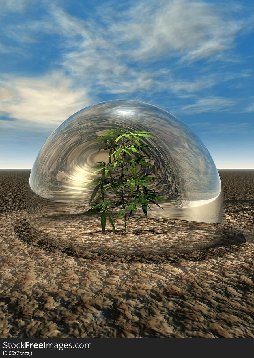 Plant under a glass dome in desert. Plant under a glass dome in desert