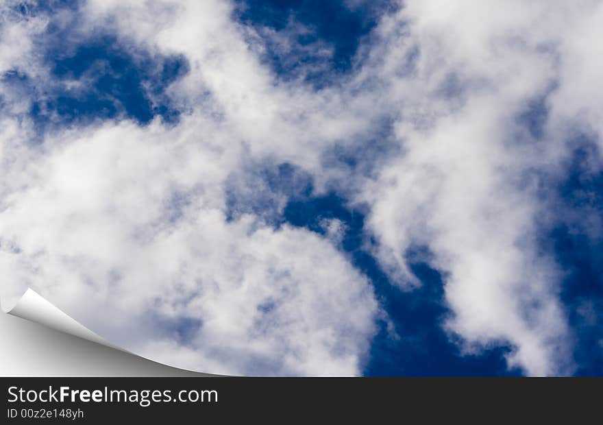 Blue sky background as 3d models of a sheet of a paper of green color with the wrapped up corner. Blue sky background as 3d models of a sheet of a paper of green color with the wrapped up corner