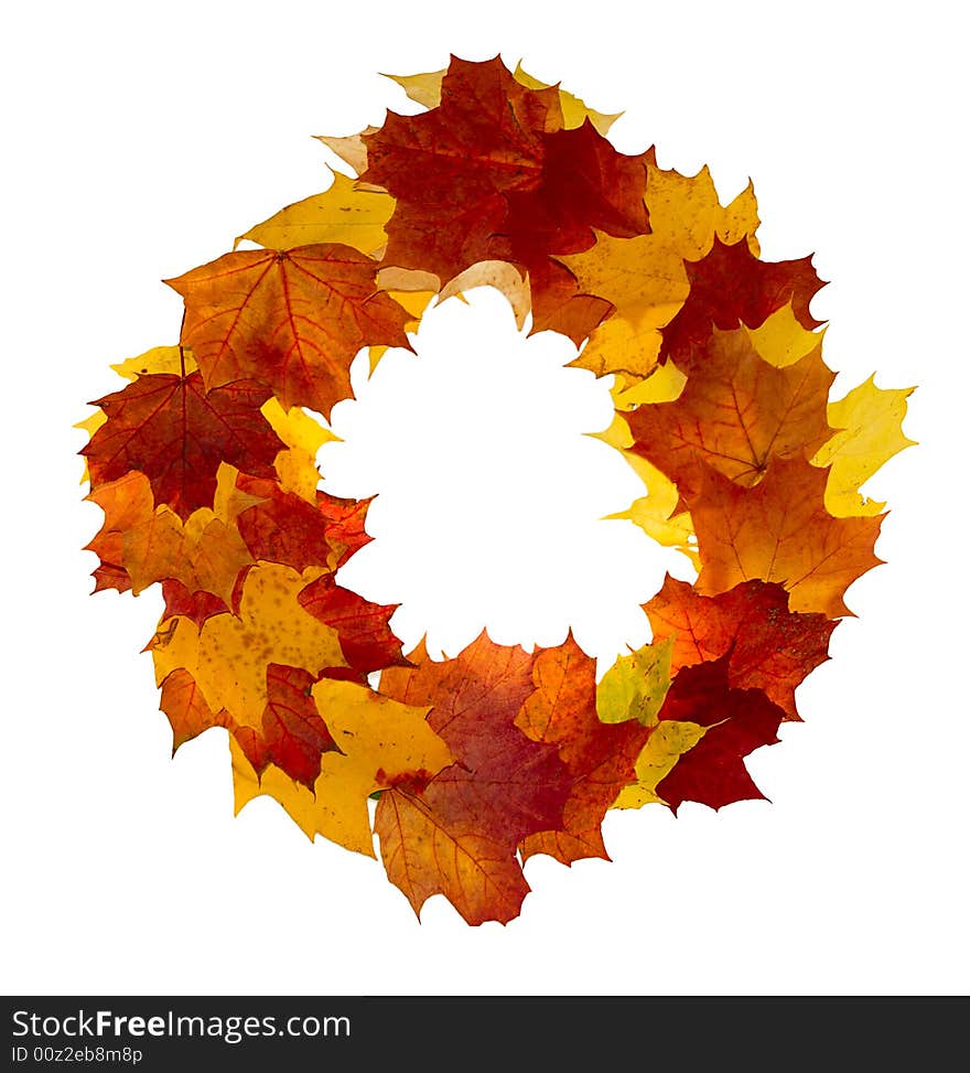 Autumn wreath frame of colorful  leaves isolated on white