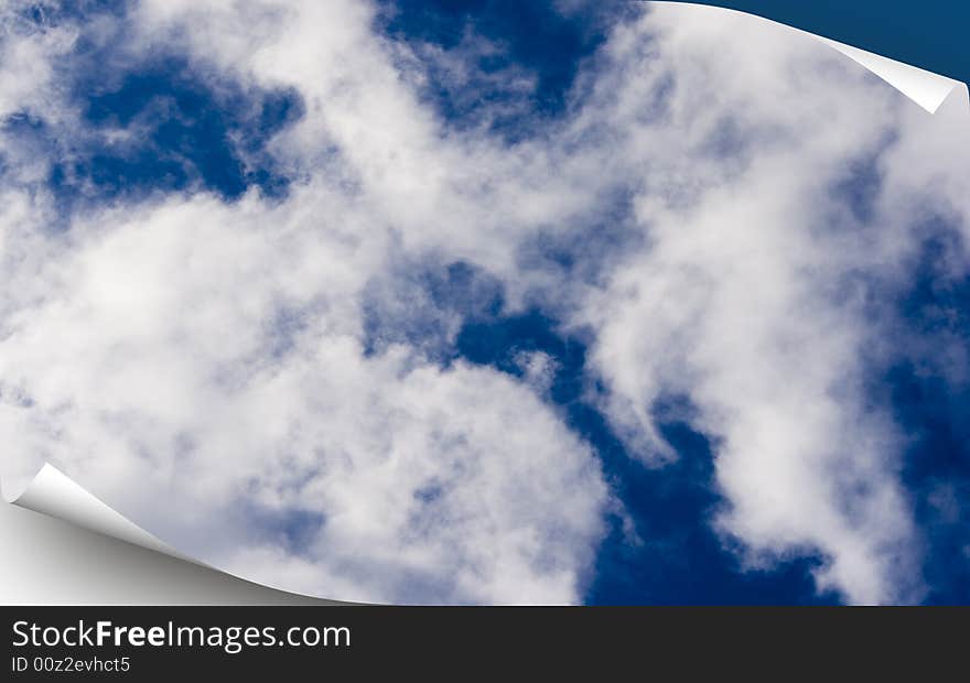 Blue sky background as 3d models of a sheet of a paper of green color with the wrapped up corner. Blue sky background as 3d models of a sheet of a paper of green color with the wrapped up corner