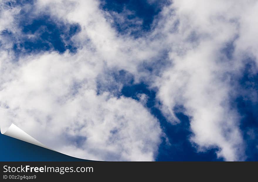 Blue sky background as 3d models of a sheet of a paper of green color with the wrapped up corner. Blue sky background as 3d models of a sheet of a paper of green color with the wrapped up corner