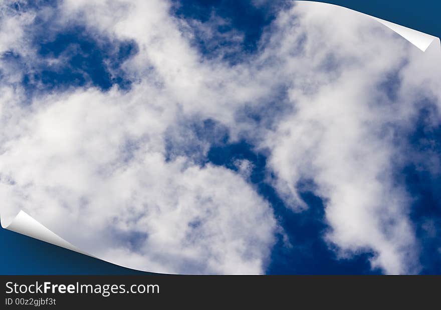 Blue sky background as 3d models of a sheet of a paper of green color with the wrapped up corner. Blue sky background as 3d models of a sheet of a paper of green color with the wrapped up corner