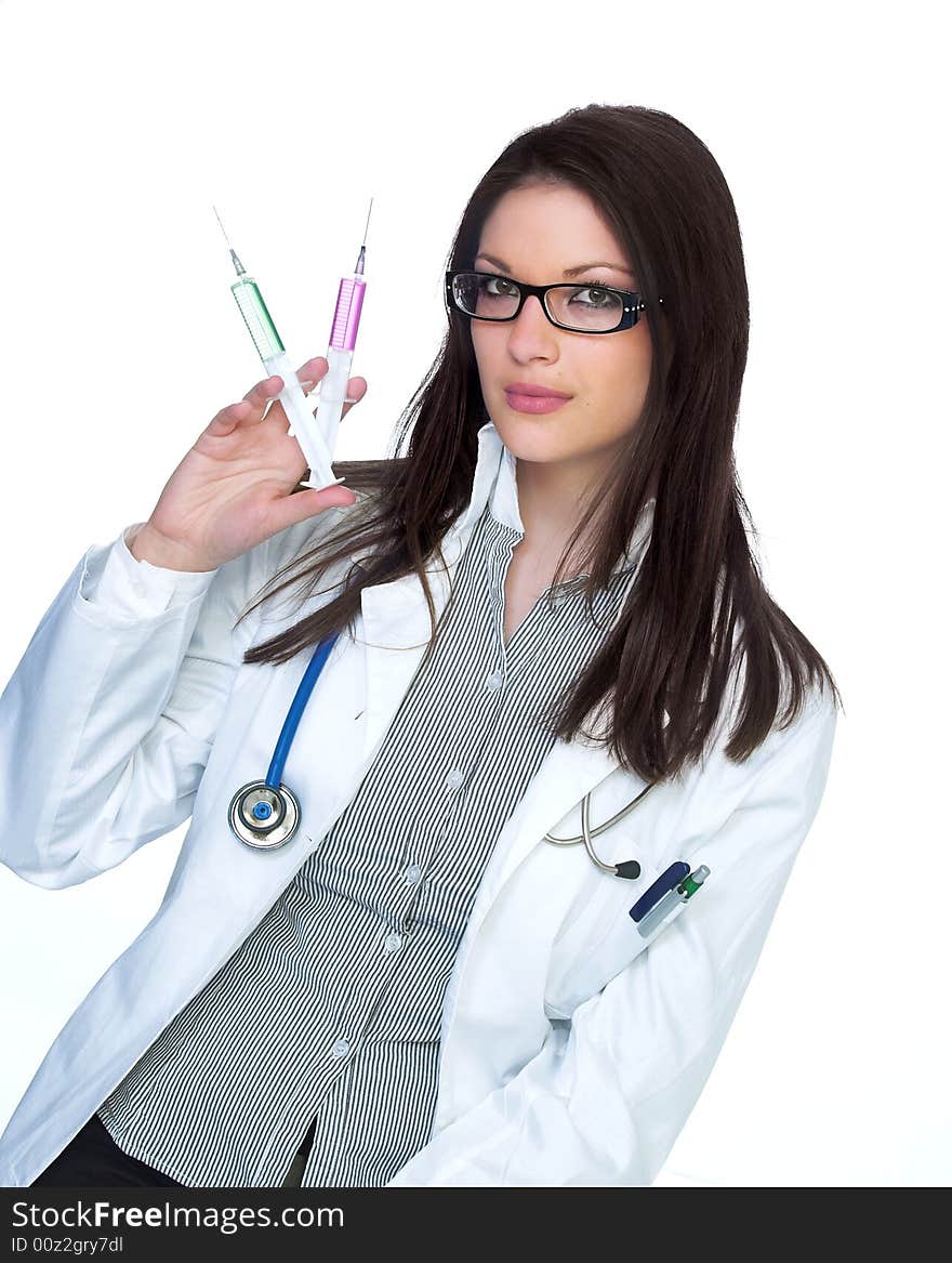 Beautiful female doctor holding injections isolated on white background