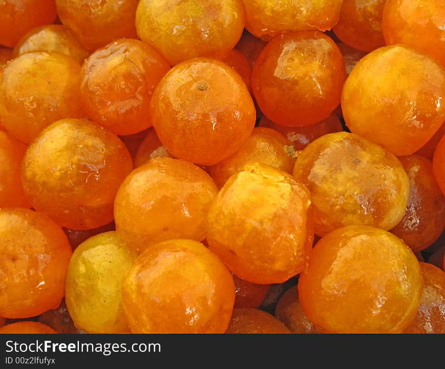 Closeup of Candied Apricots in a Tray