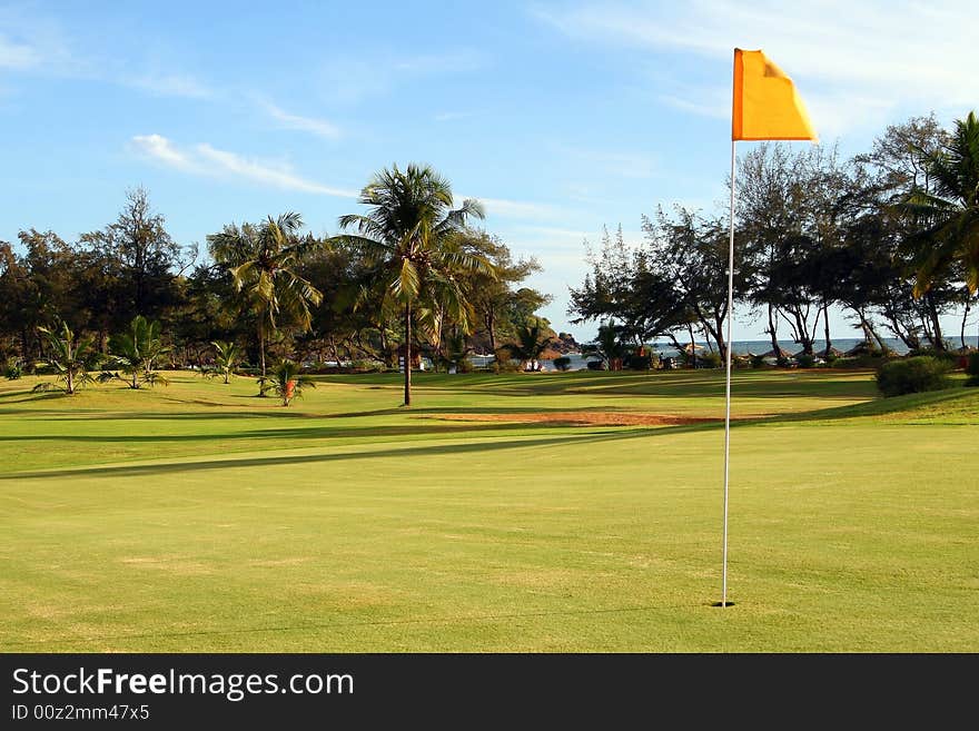 Shot of a beautiful green on a tropical golf course surounded with palm trees. Shot of a beautiful green on a tropical golf course surounded with palm trees.