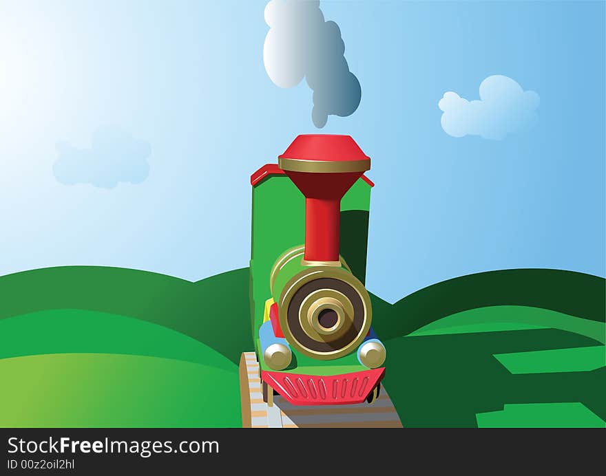 Steam locomotive on green hills. Cartoon.