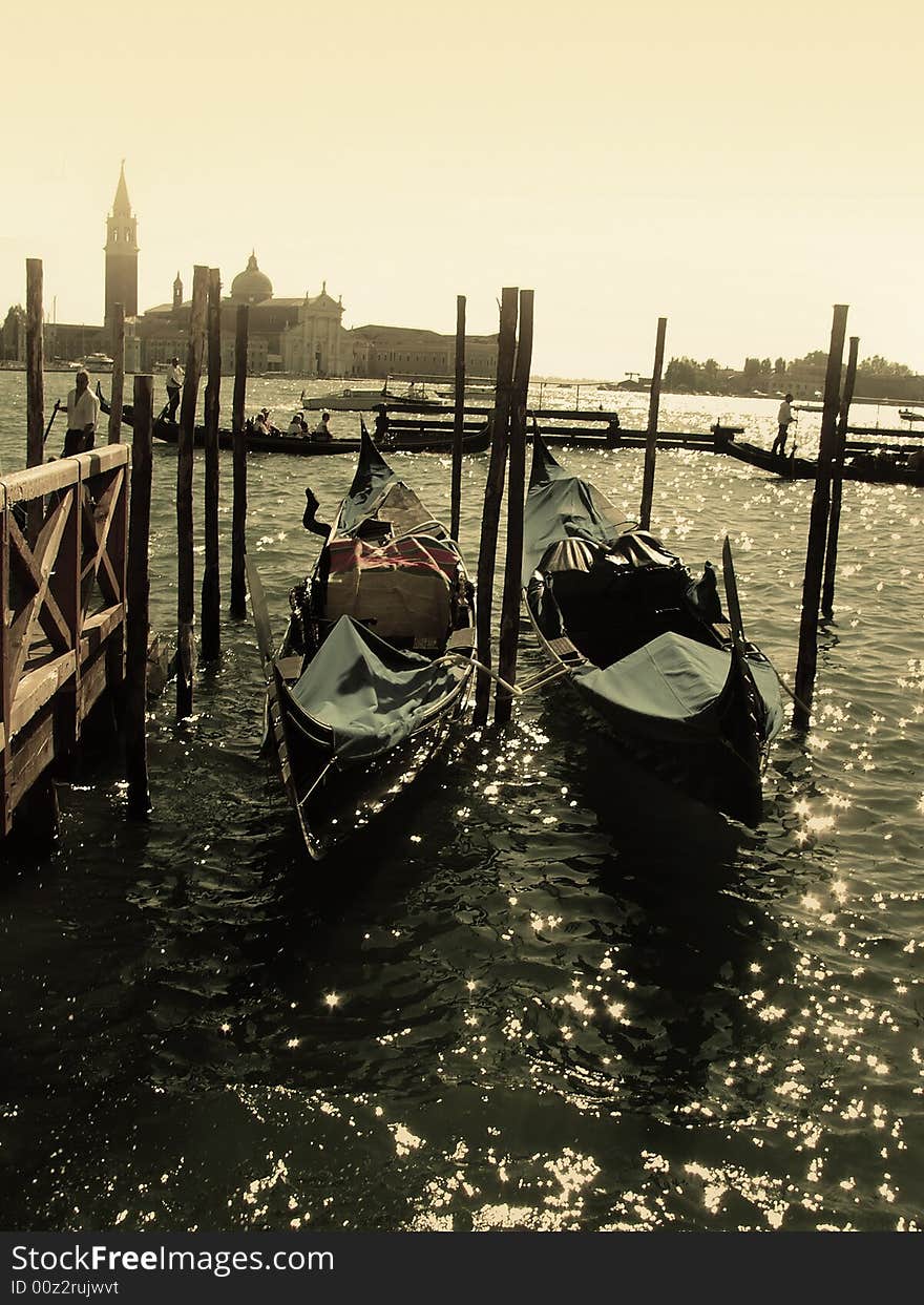 Gondolas in Venice in the evening