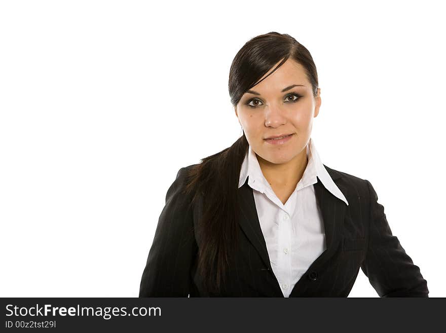 Attractive brunette businesswoman on white background