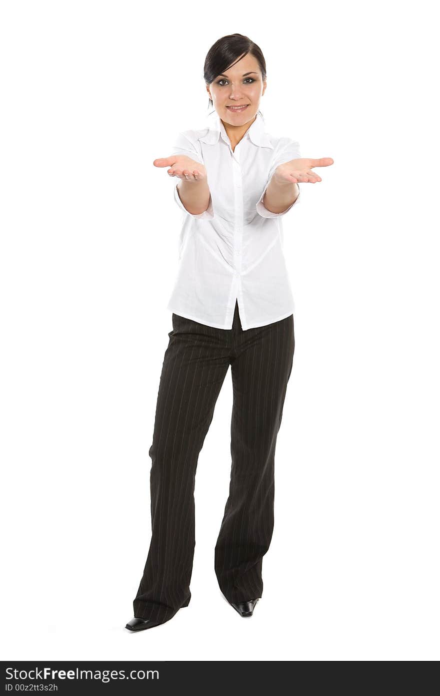 Attractive brunette businesswoman on white background