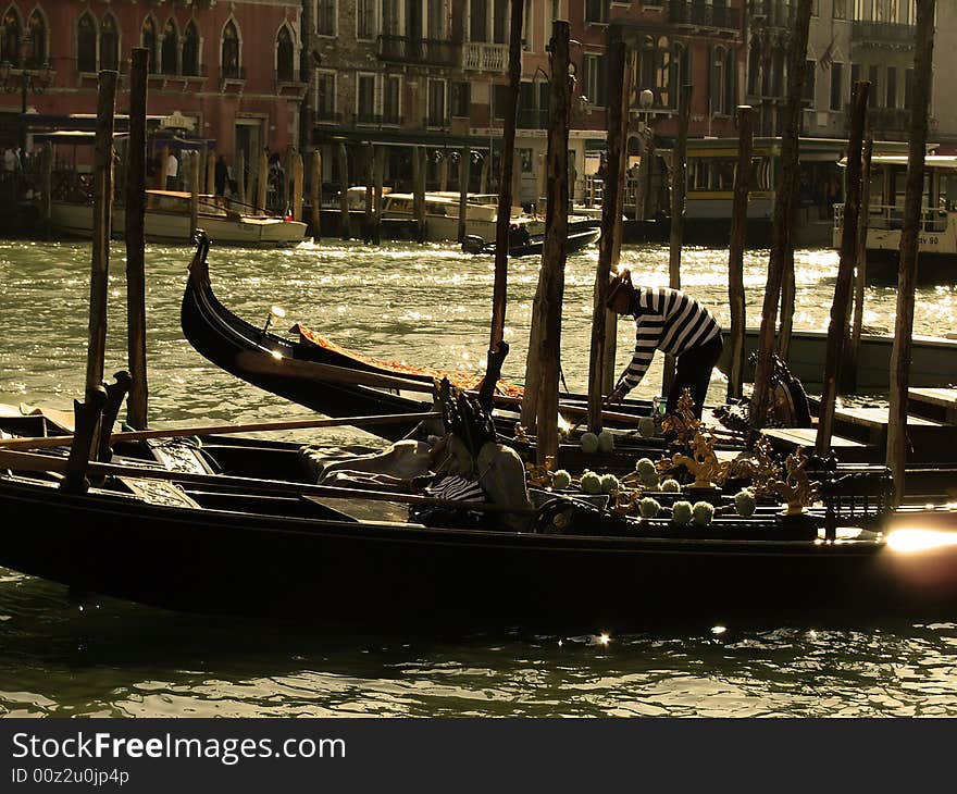 Gondolas in Venice in the evening