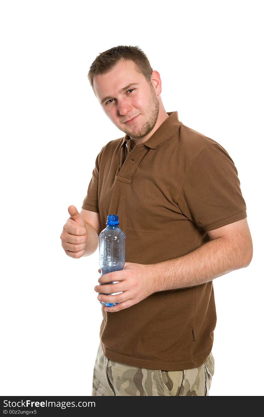 Casual man with bottle of water on white background. Casual man with bottle of water on white background