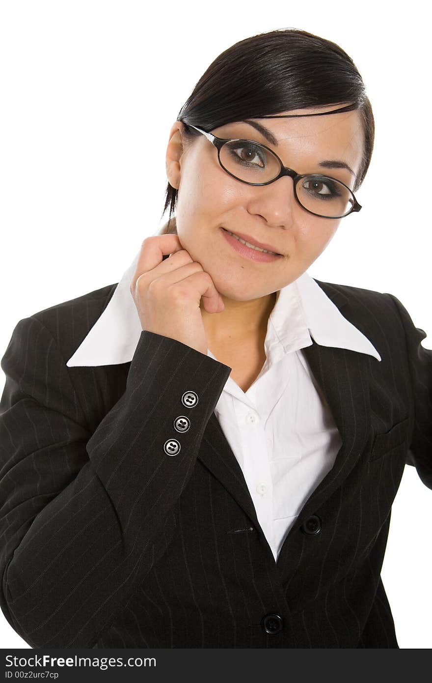 Attractive brunette businesswoman on white background