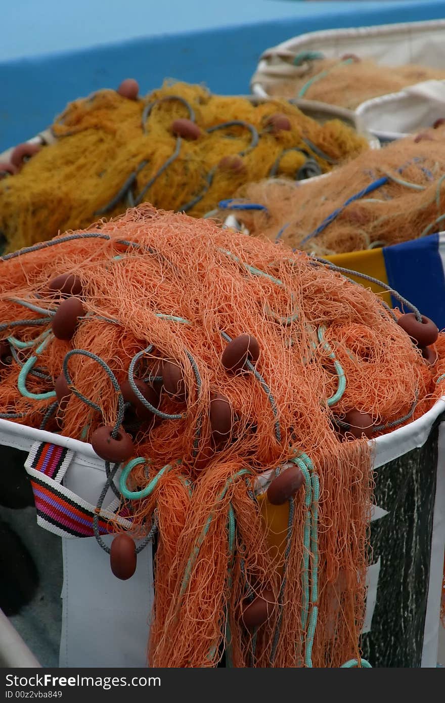 Closeup on colored nylon fishing nets