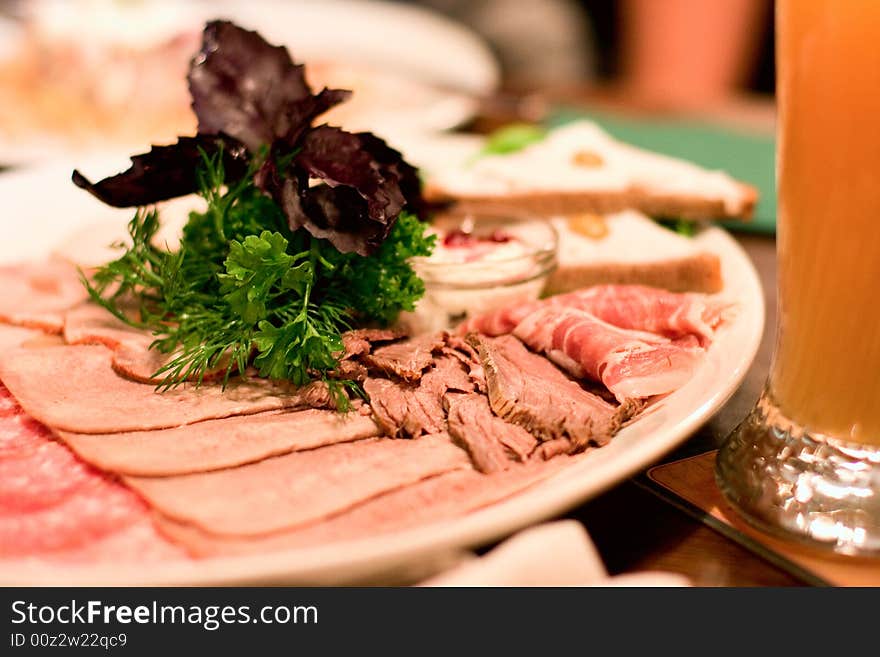 Close-up op of meat slices on a plate