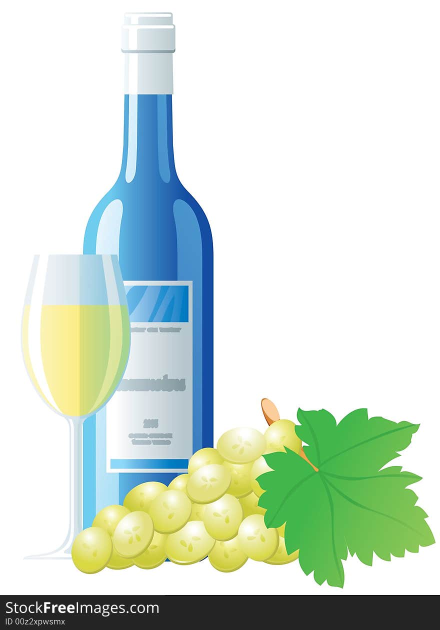 Blue bottle of white wine with glass and white grape isolated on white. Blue bottle of white wine with glass and white grape isolated on white