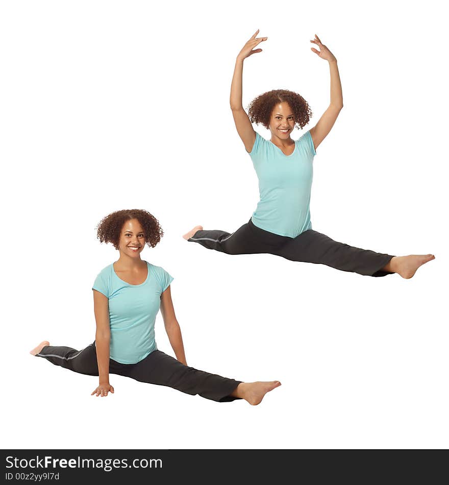 Flexible young woman doing a split with lowered and raised arms. Flexible young woman doing a split with lowered and raised arms