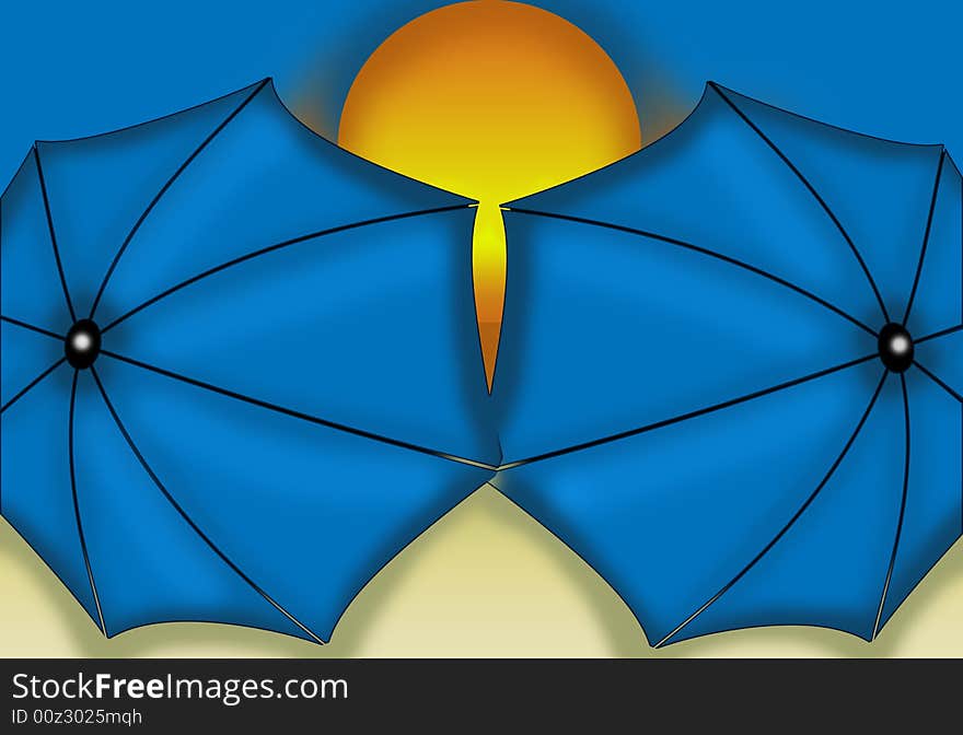 This is an illustration of two umbrellas sitting in the sand as the sun goes down. This is an illustration of two umbrellas sitting in the sand as the sun goes down.