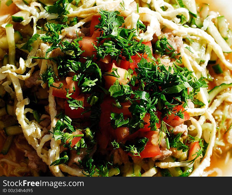 Part of korean dish, tomato, noodles, fennel. Part of korean dish, tomato, noodles, fennel