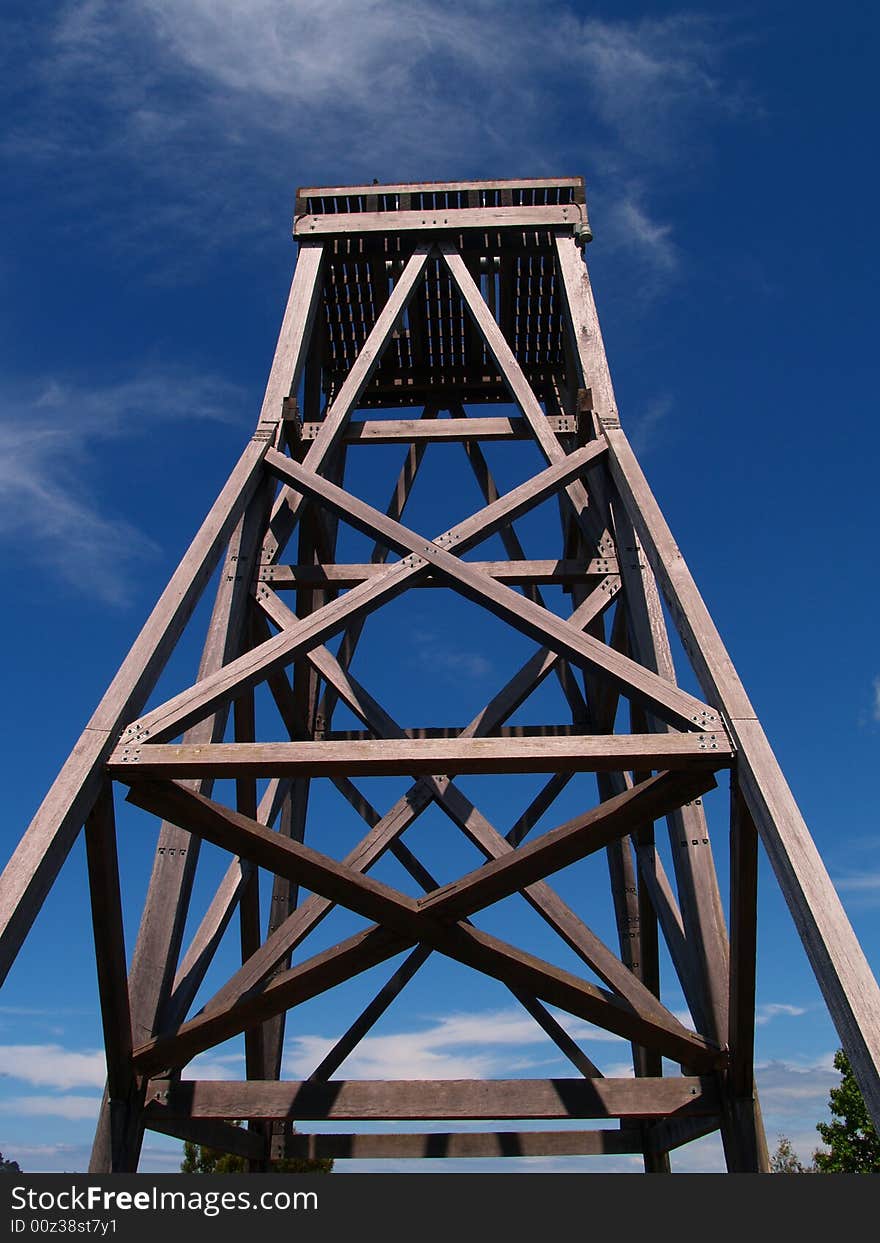 The wooden structure of type used historically at shaft head for goldming, showing the structural criss cross pattern. The wooden structure of type used historically at shaft head for goldming, showing the structural criss cross pattern.