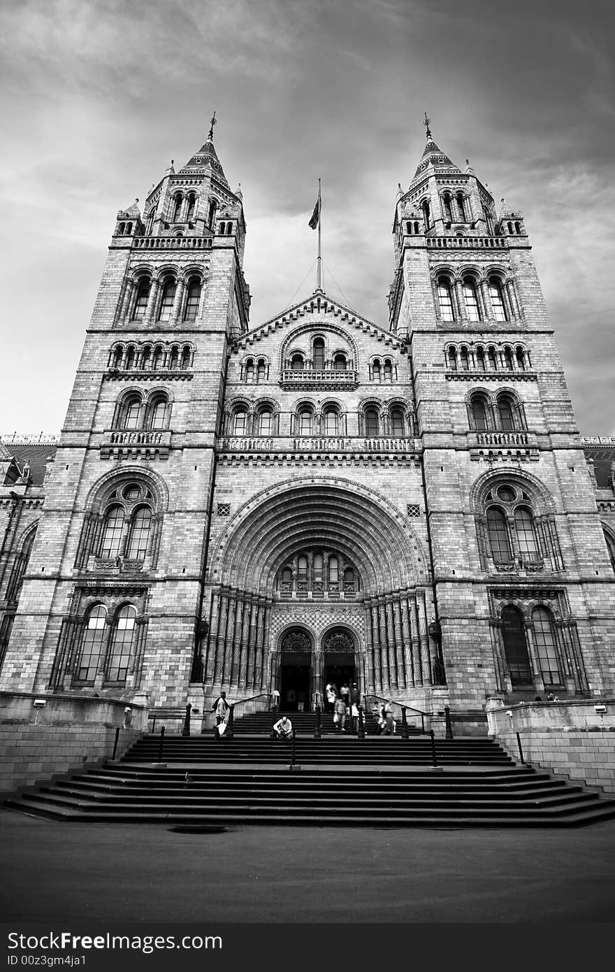 Natural History Museum at London in dramatic black and white