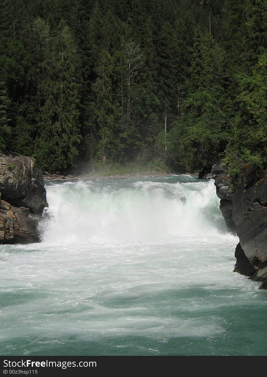 Green waterfall running through the forest