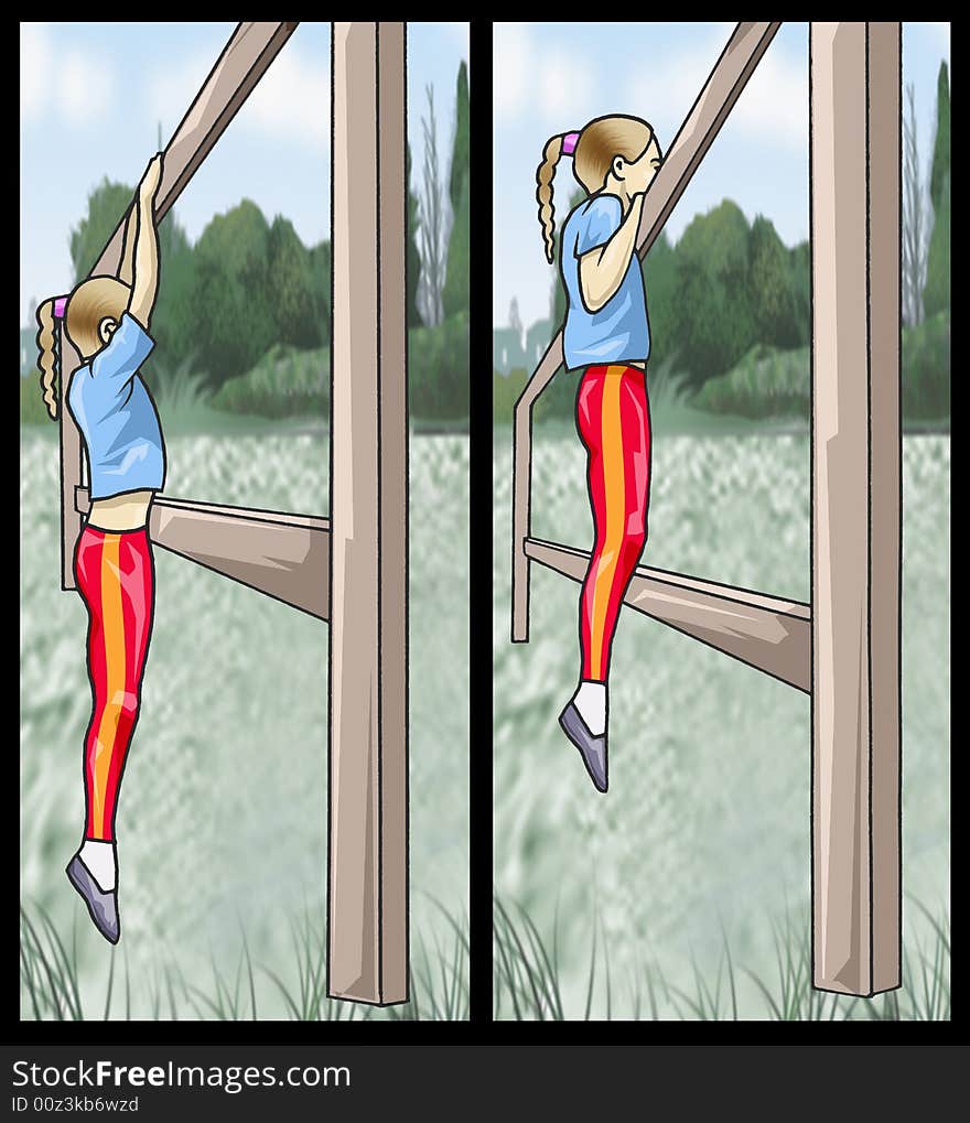 Illustration of a young girl doing a physical exercise in the park. Illustration of a young girl doing a physical exercise in the park