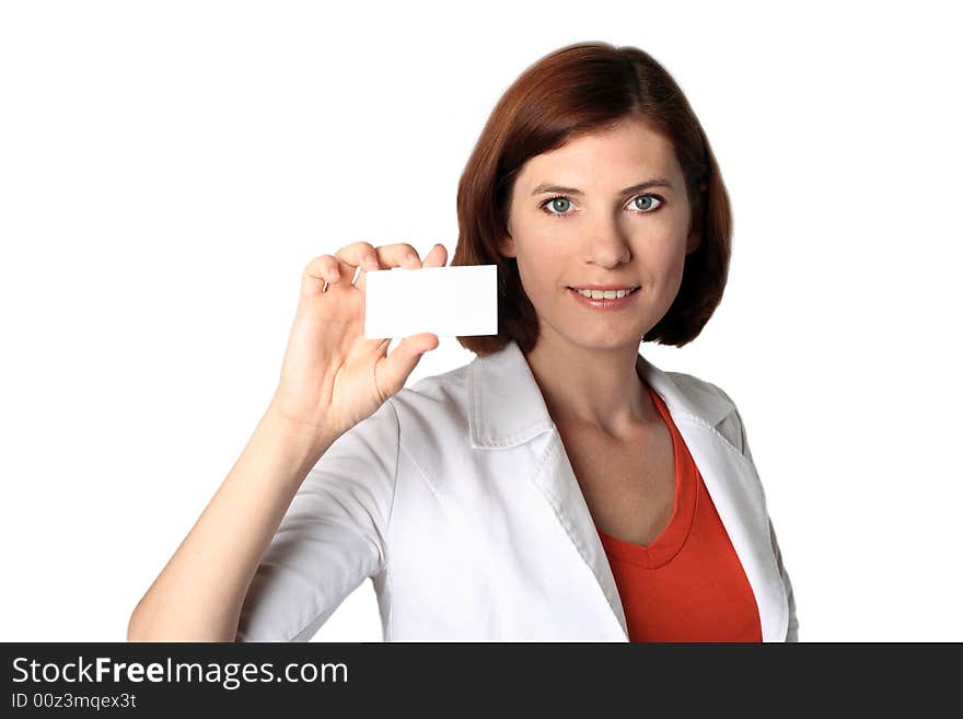 Business the woman in white clothes costing holds a  card in a hand. Business the woman in white clothes costing holds a  card in a hand