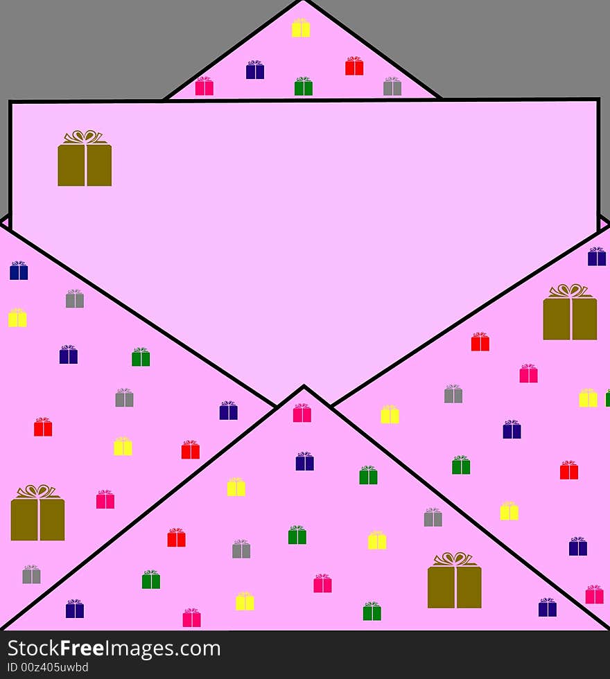 An illustration with a card and his envelope in pink. An illustration with a card and his envelope in pink