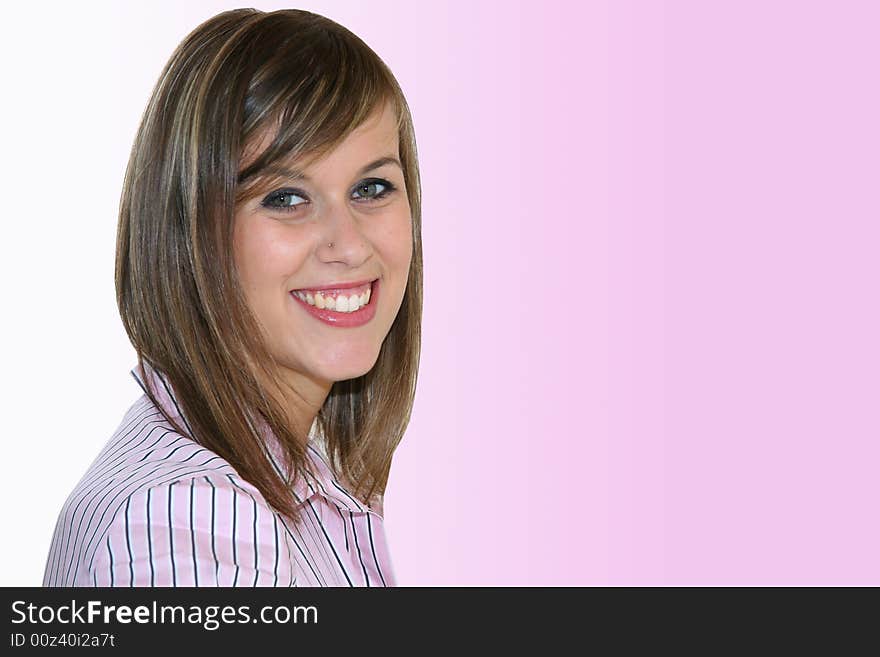 Young business girl over a white-pink background